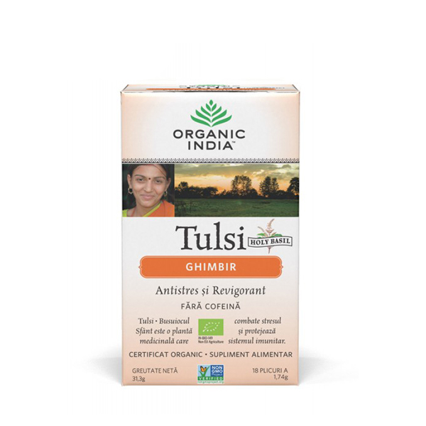 Ceai Tulsi (Busuioc Sfant) ghimbir (plicuri) (fara gluten) BIO Organic India – 31.3 g